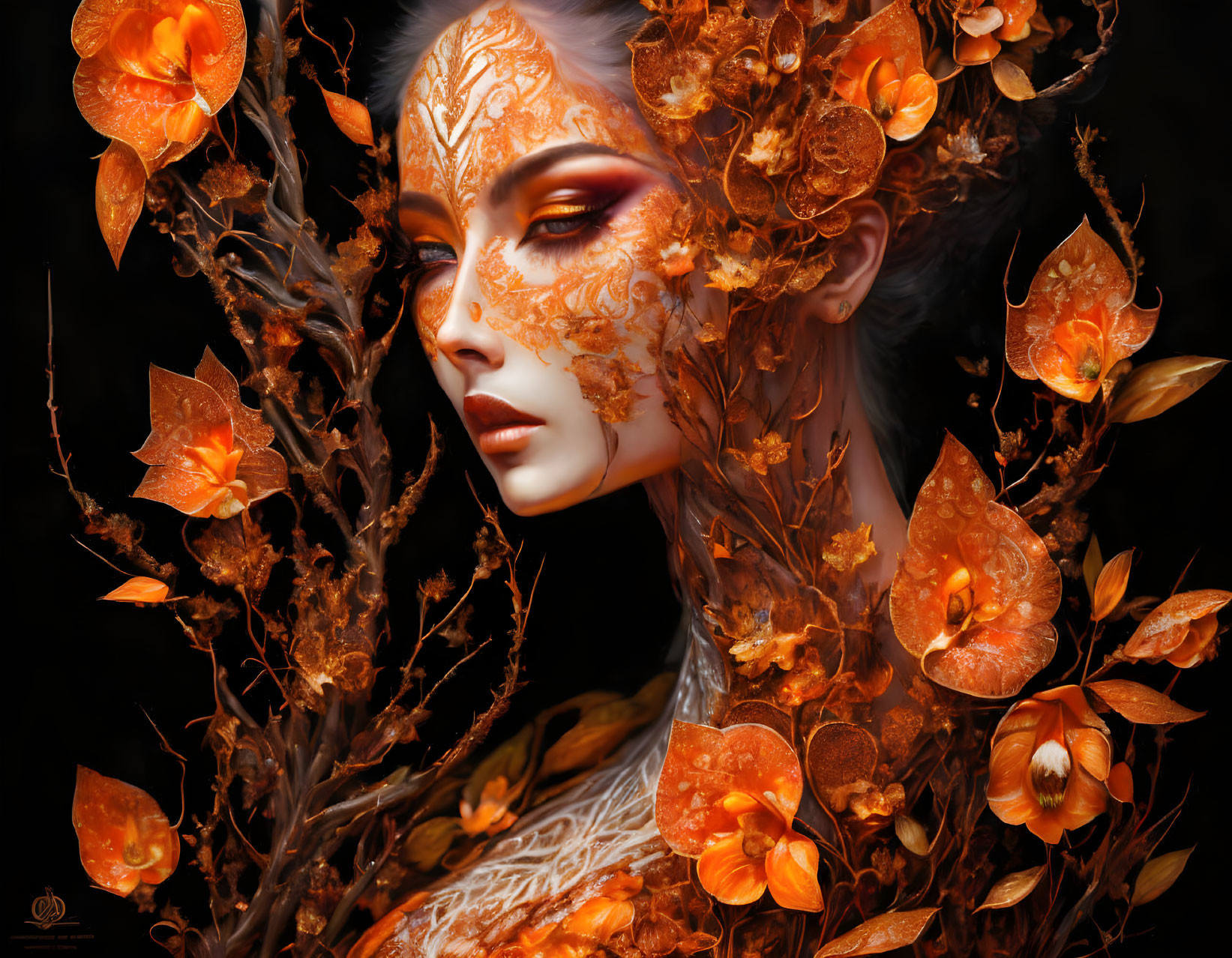 Intricate Autumn-Themed Makeup with Leaf and Flower Adornments