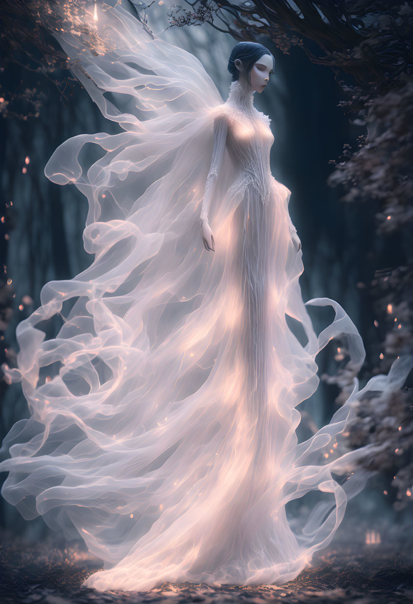 Ethereal figure in glowing white gown in twilight forest