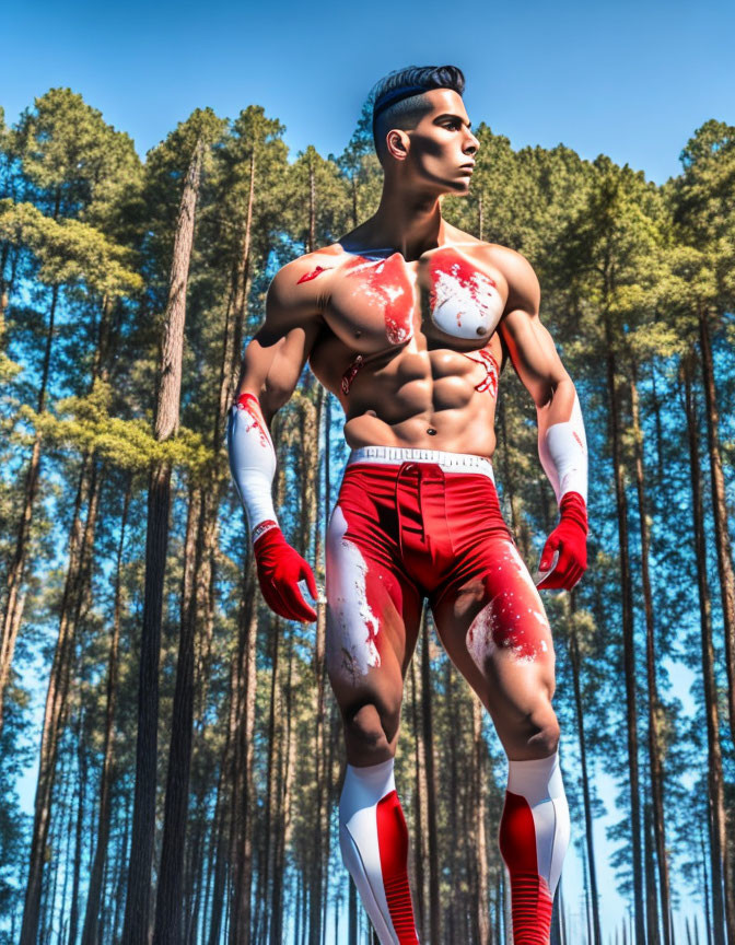 Shirtless man with red and white body paint in sunlit forest