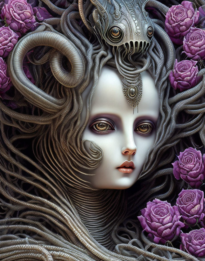 Digital Artwork: Woman with Flowing Hair, Mechanical Elements, and Purple Roses