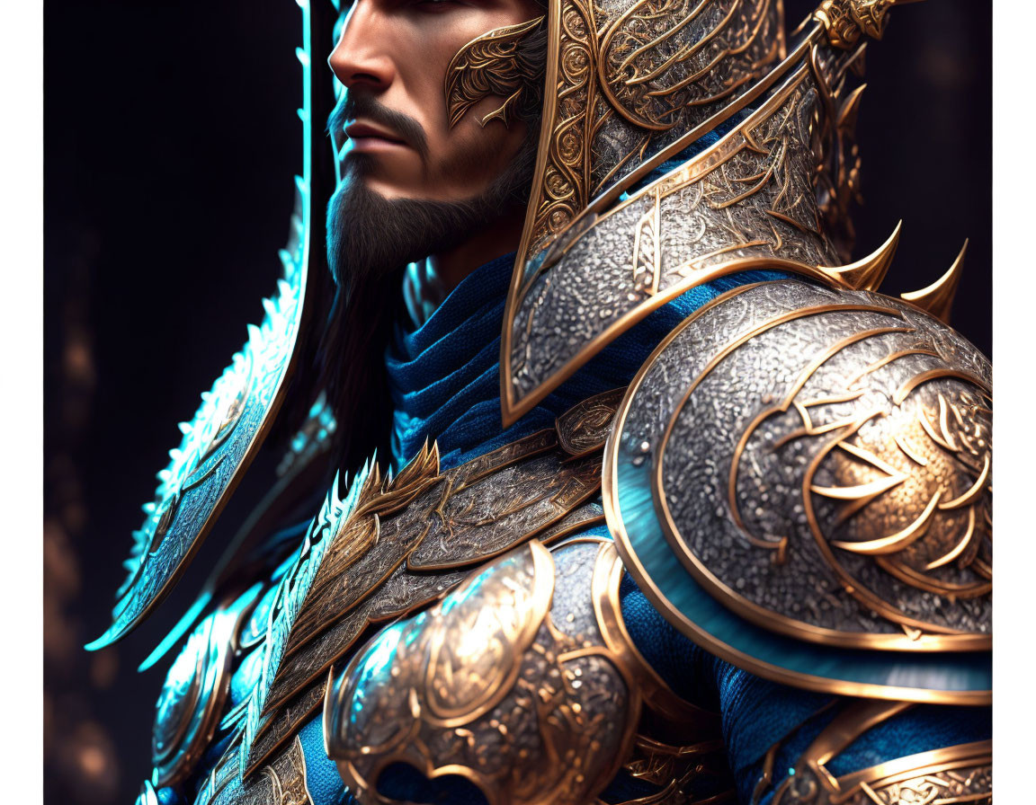 Person in Elaborate Fantasy Armor with Gold Designs and Glowing Blue Neckline