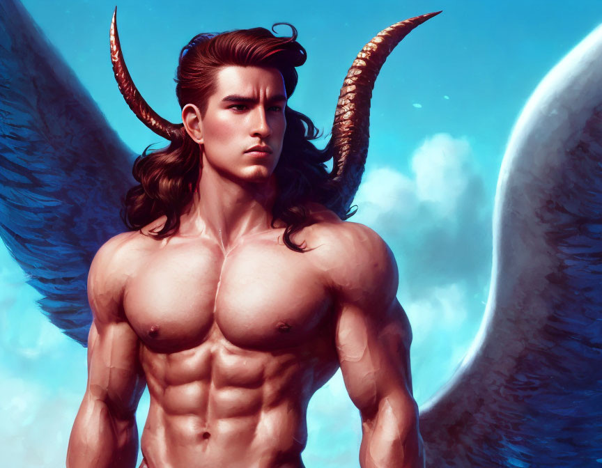 Muscular mythical male figure with horns and wings in blue sky