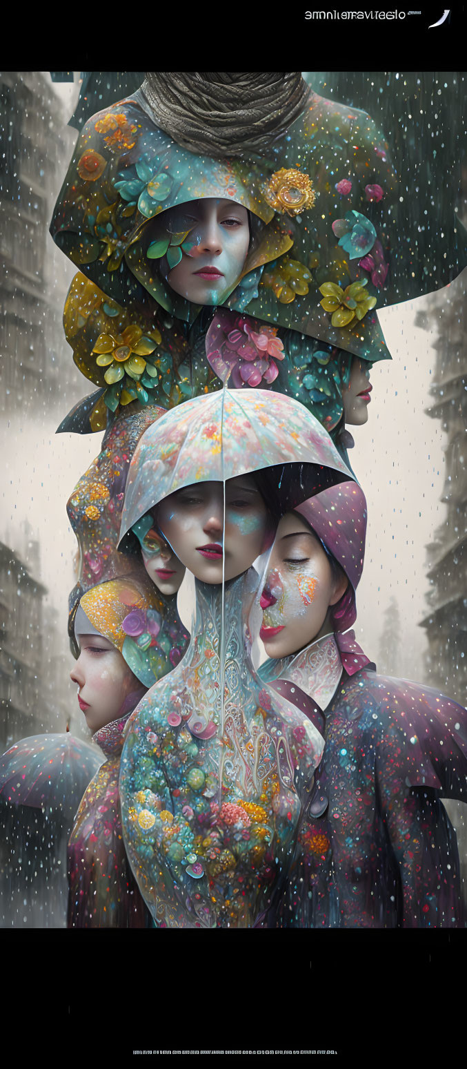 Digital artwork featuring three women in floral headdresses and body paint, standing in falling snow with one holding