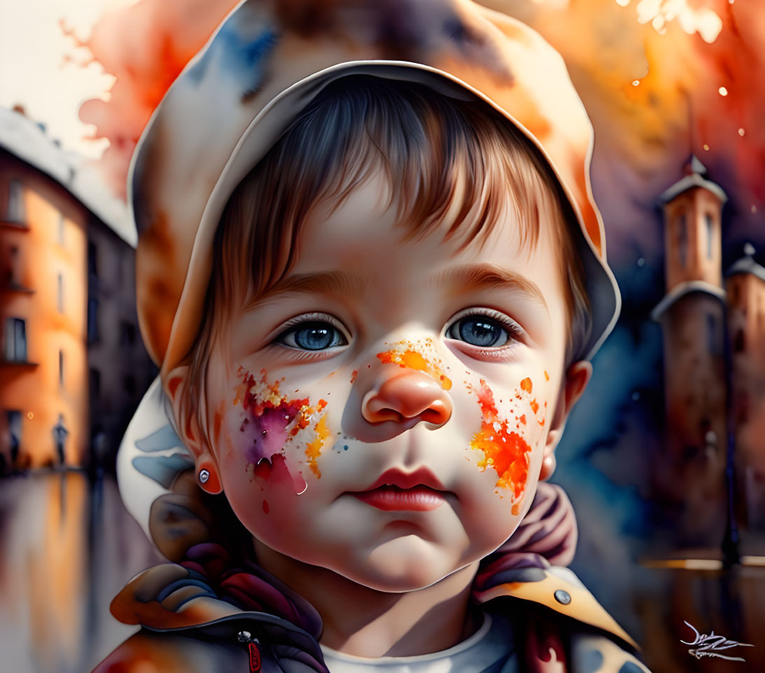 Toddler with paint splatters in whimsical street scene