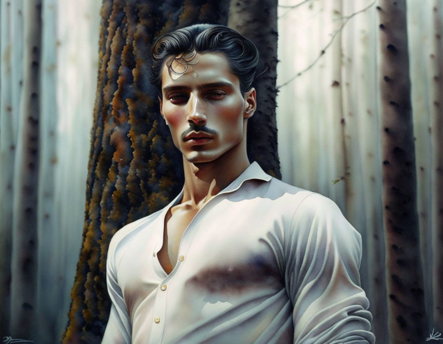 Man with Sculpted Features in White Shirt Amid Slender Trees