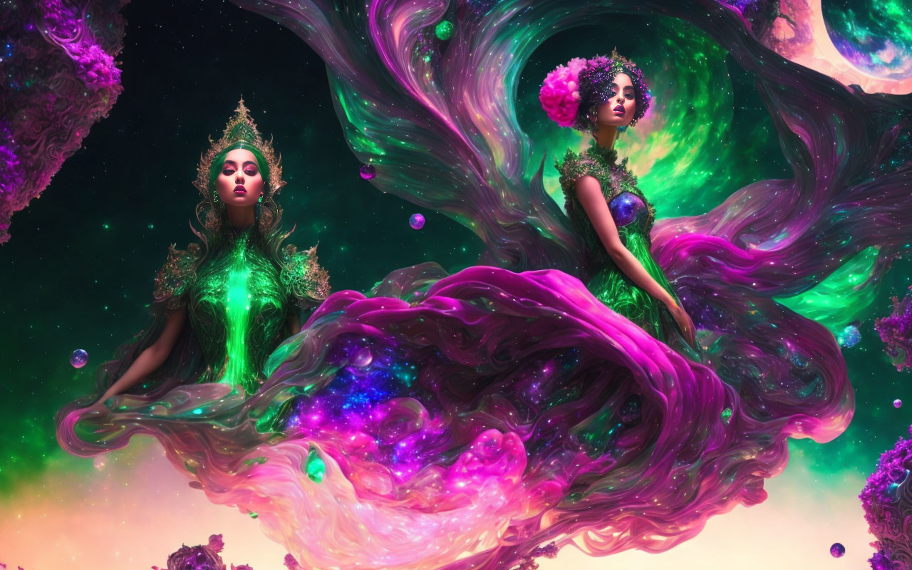 Ethereal women with intricate crowns in vibrant nebulae