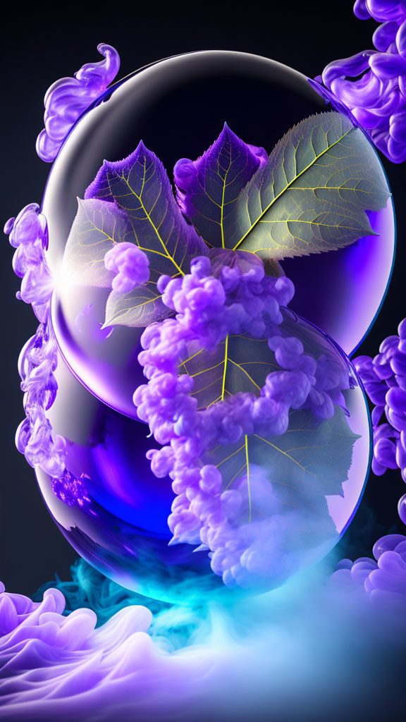 Reflective glossy sphere with purple clusters and leaves in swirling smoke on dark background