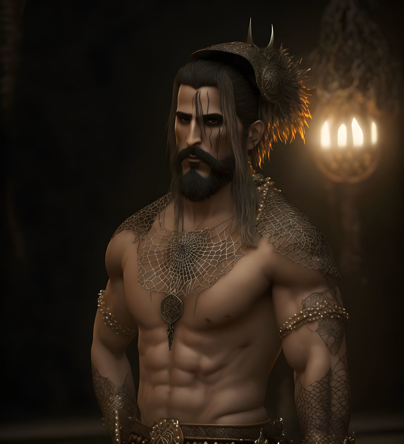 Muscular character in ornate armor with candle in dark ambiance