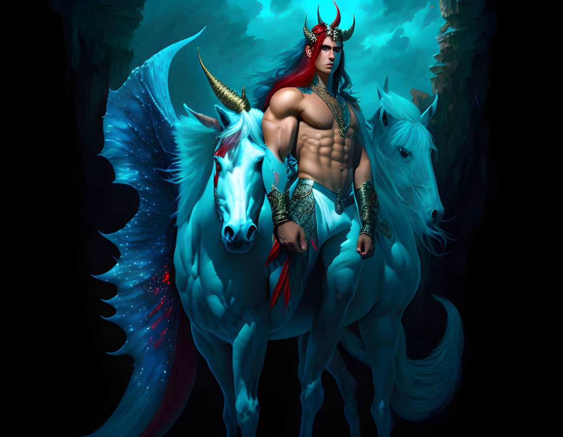 Shirtless male fantasy character with red hair and horns beside two blue ethereal unicorns in dark