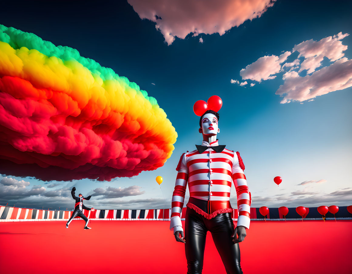 Surreal mime under rainbow cloud with red balloons in dramatic sky