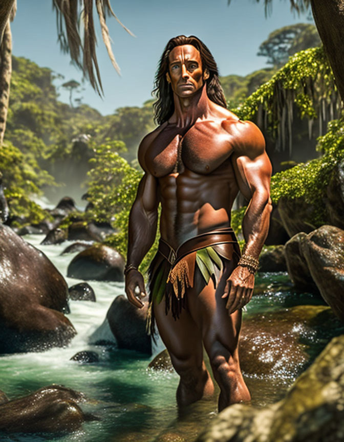 Muscular animated character with long hair in lush jungle by stream.