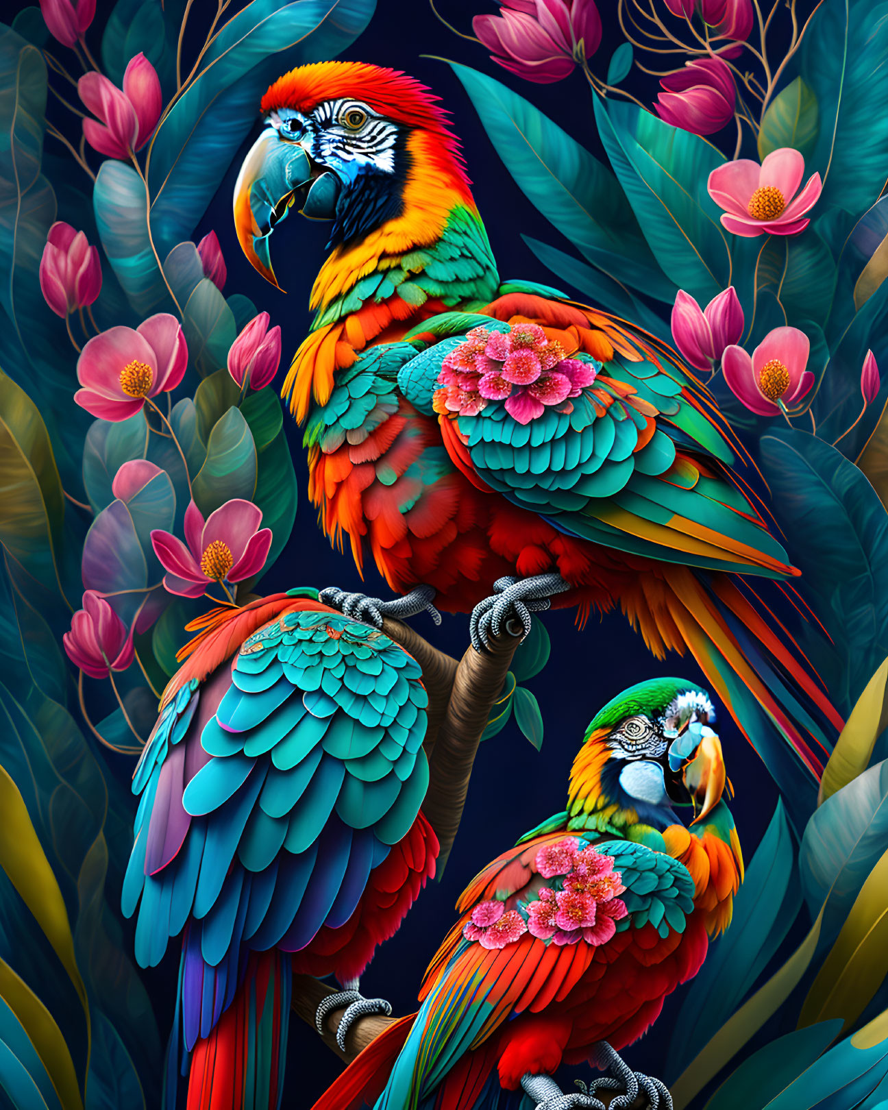 Colorful Macaws with Floral Patterns Perched on Branch