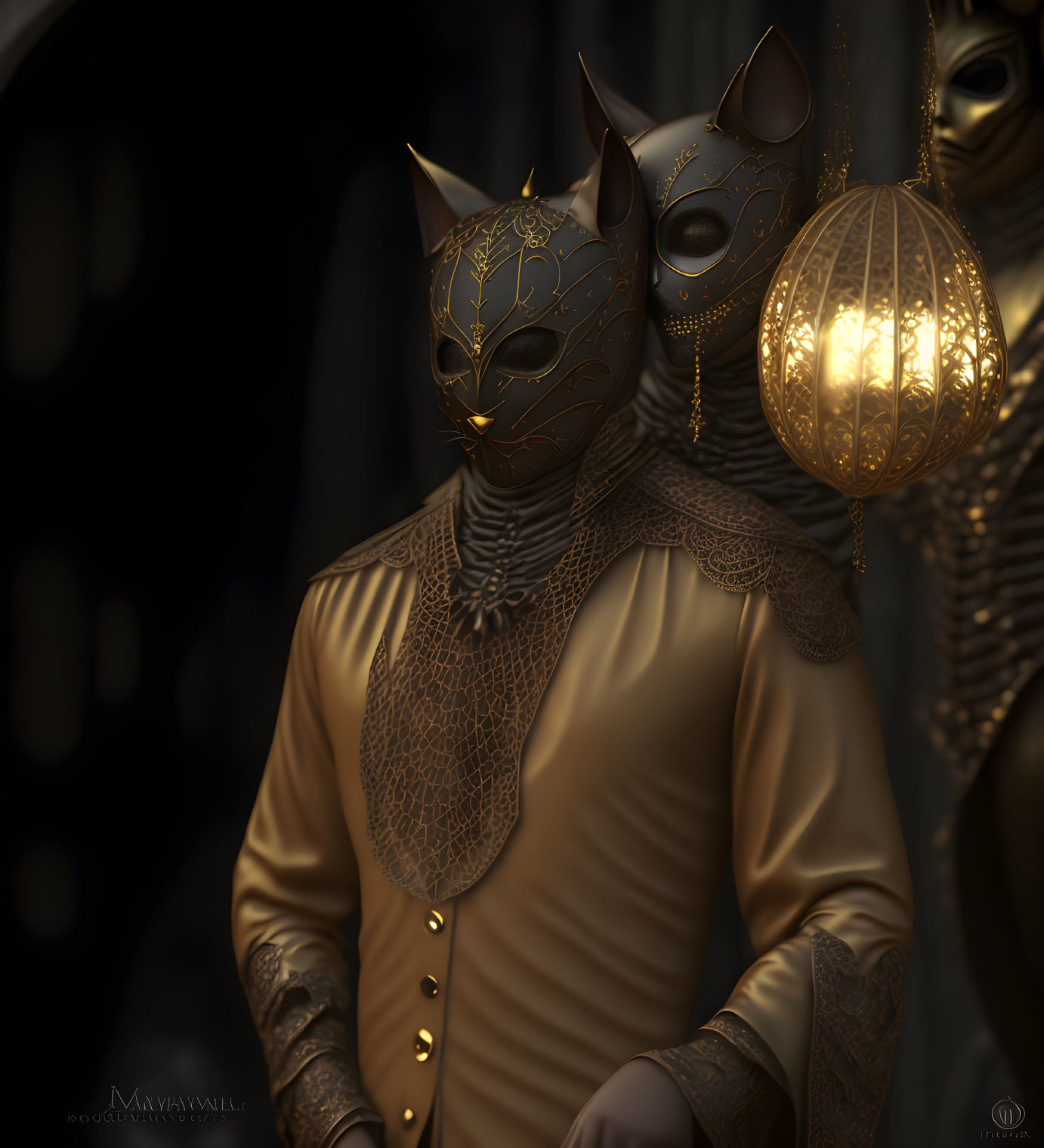 Cat Masked Humanoid Figure in Golden Filigree Outfit