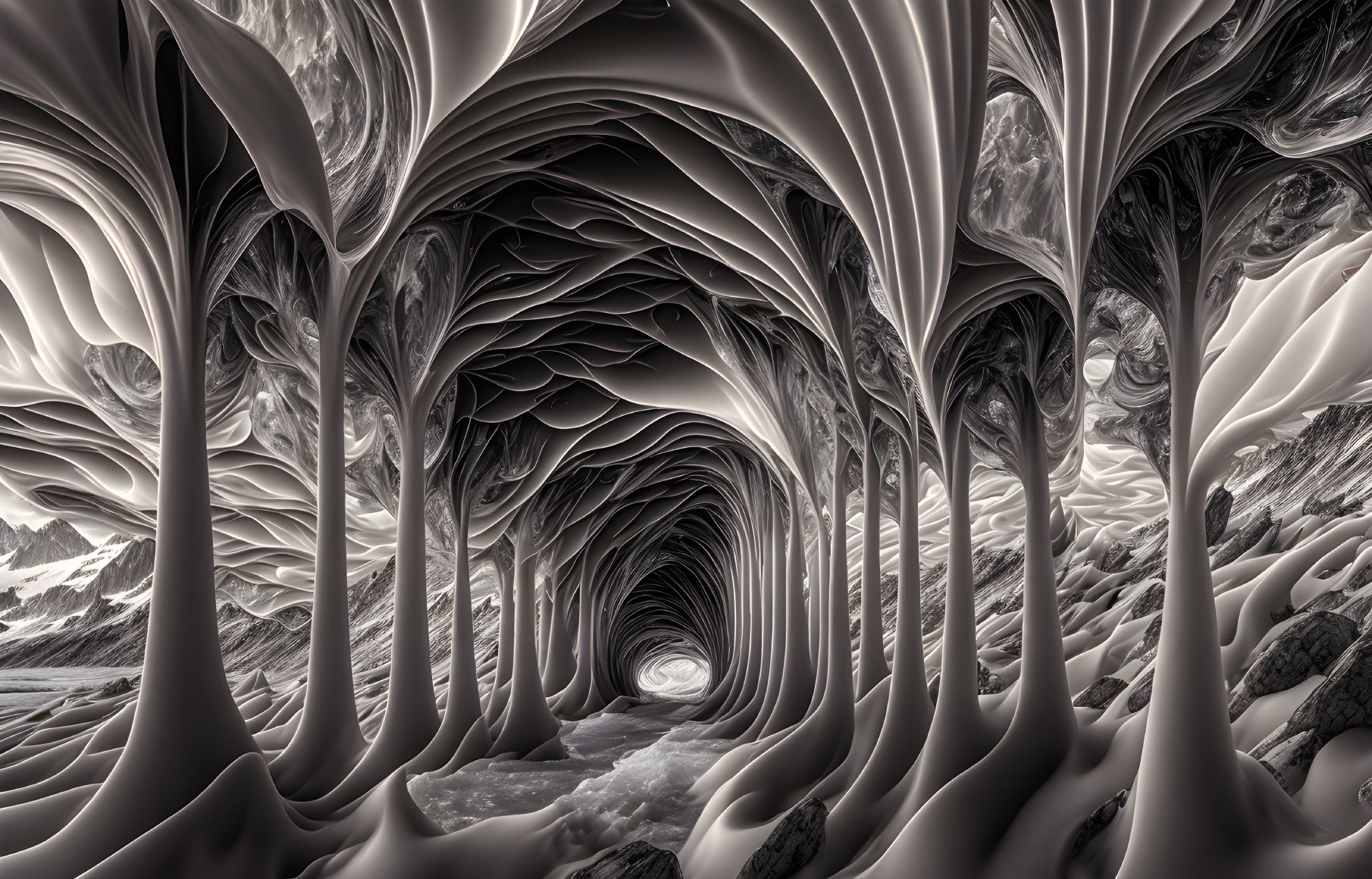 Monochrome fractal landscape with surreal organic tunnel design