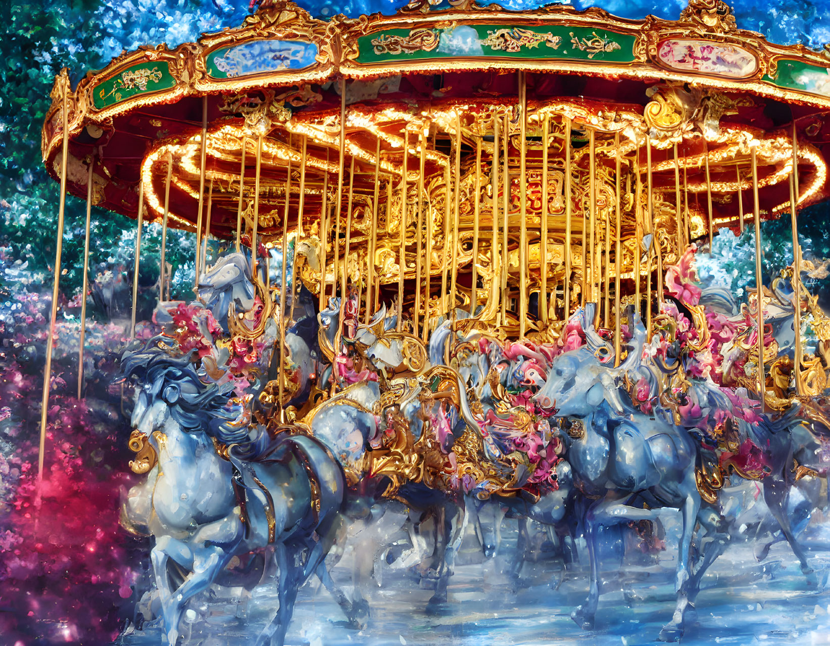 Colorful carousel with golden details and white horses in motion