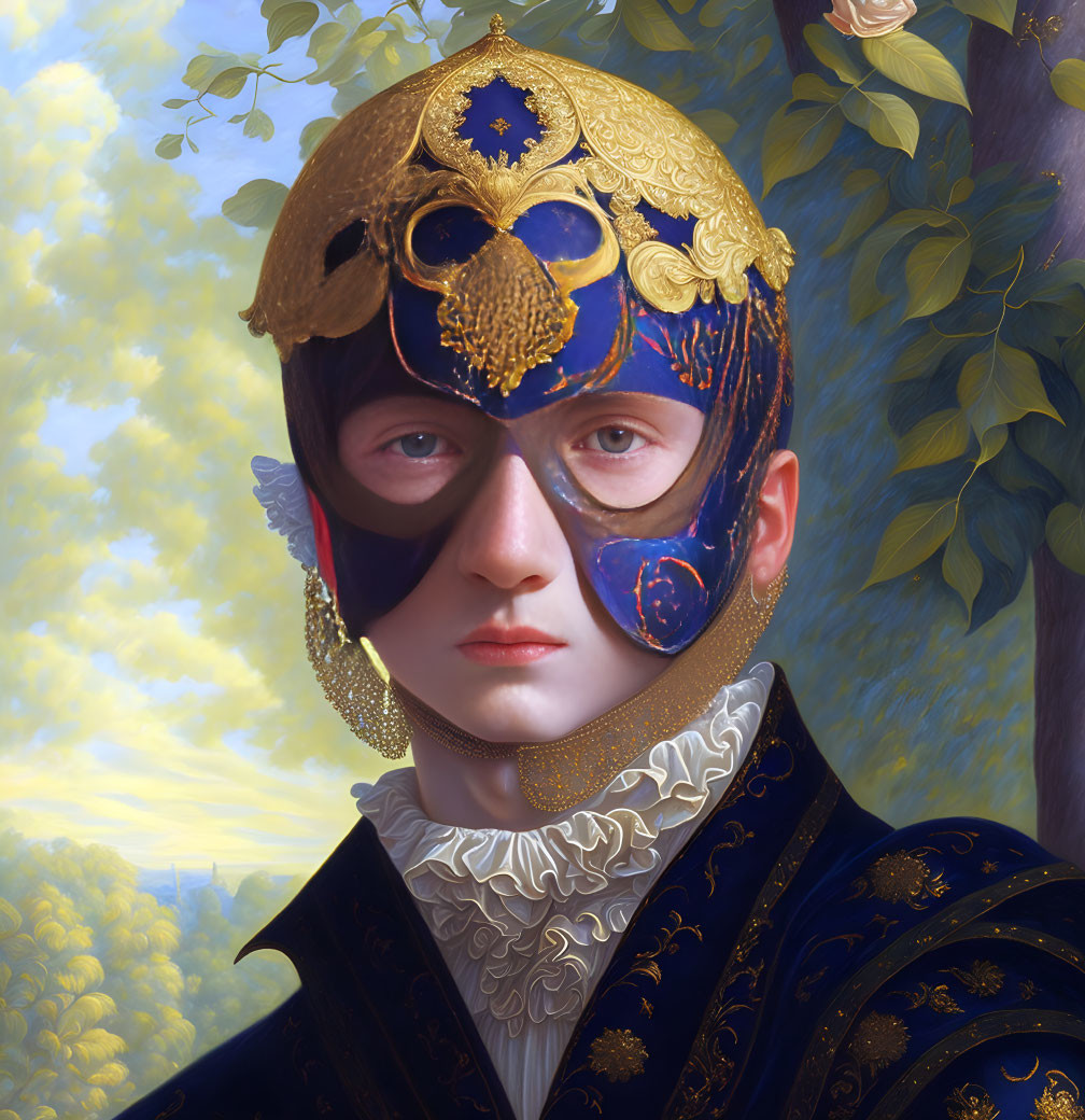 Renaissance Outfit with Gold and Blue Masquerade Mask in Nature