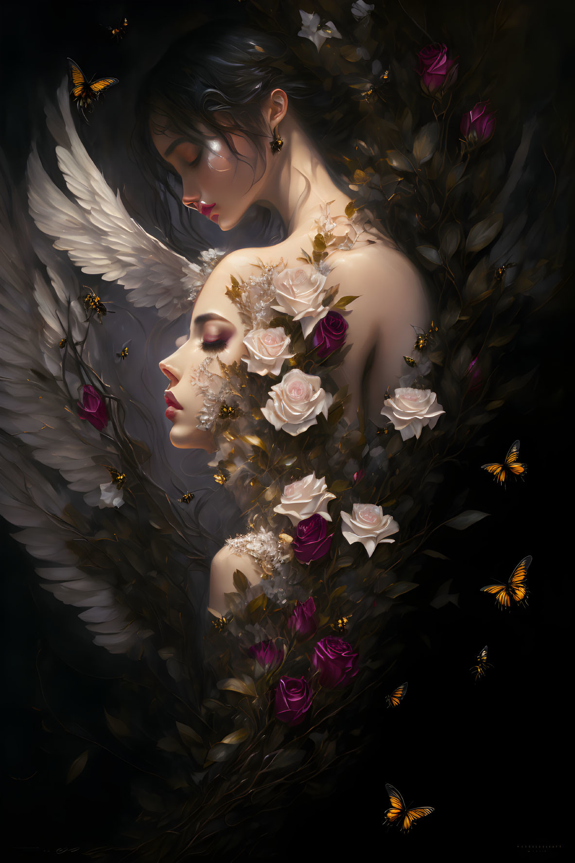 Artwork of woman with angelic wing and mask, surrounded by flowers and butterflies