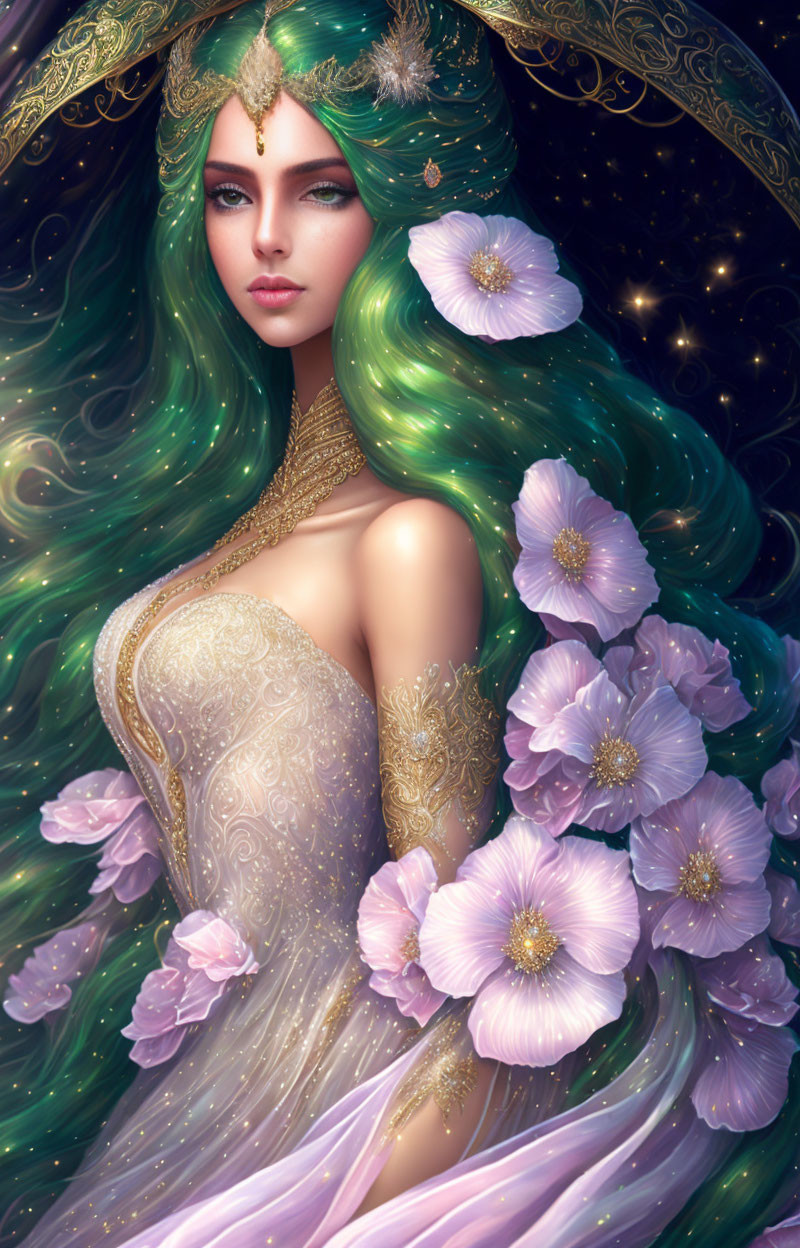 Ethereal woman with green hair and golden crown among pink flowers on starry backdrop