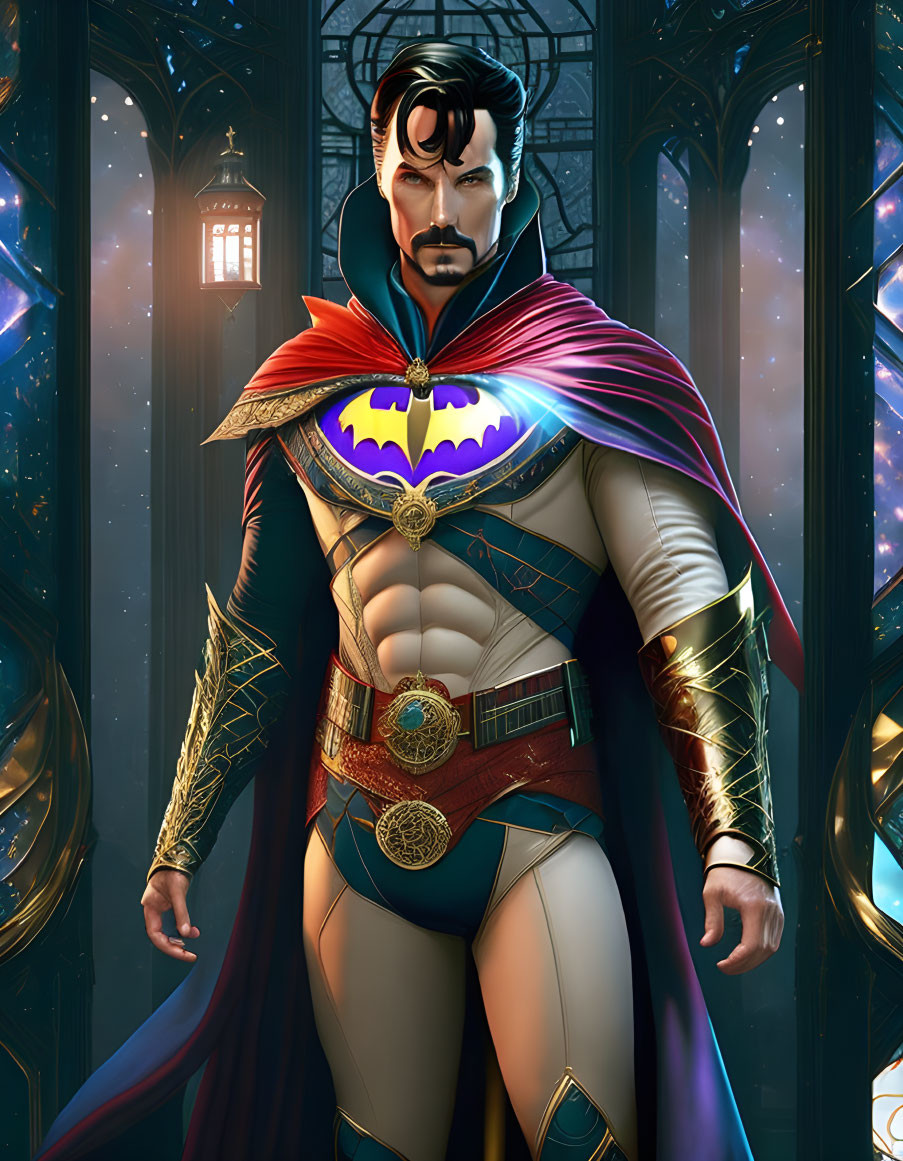 Male superhero in mystical costume in gothic interior with lantern light