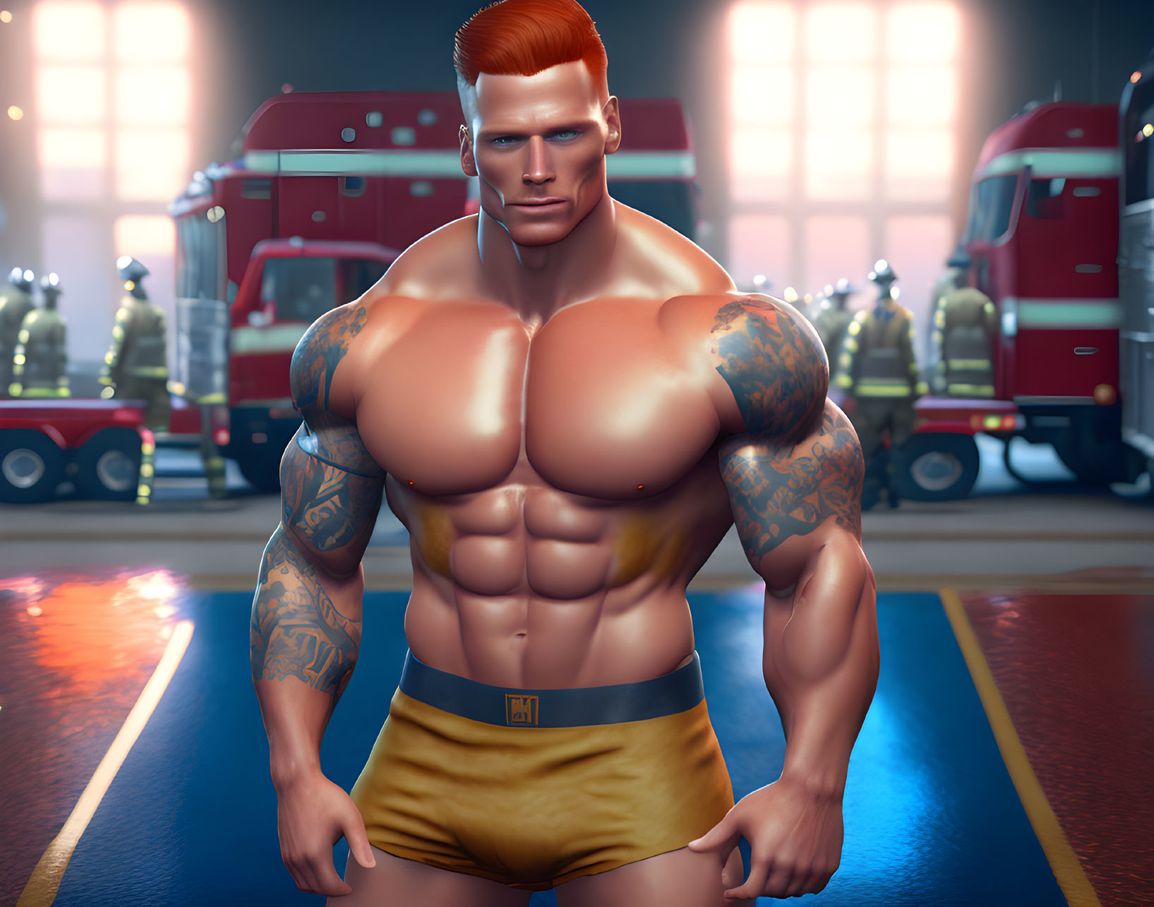 Muscular red-haired animated character in firefighter attire with tattoos, fire trucks, and colleagues.