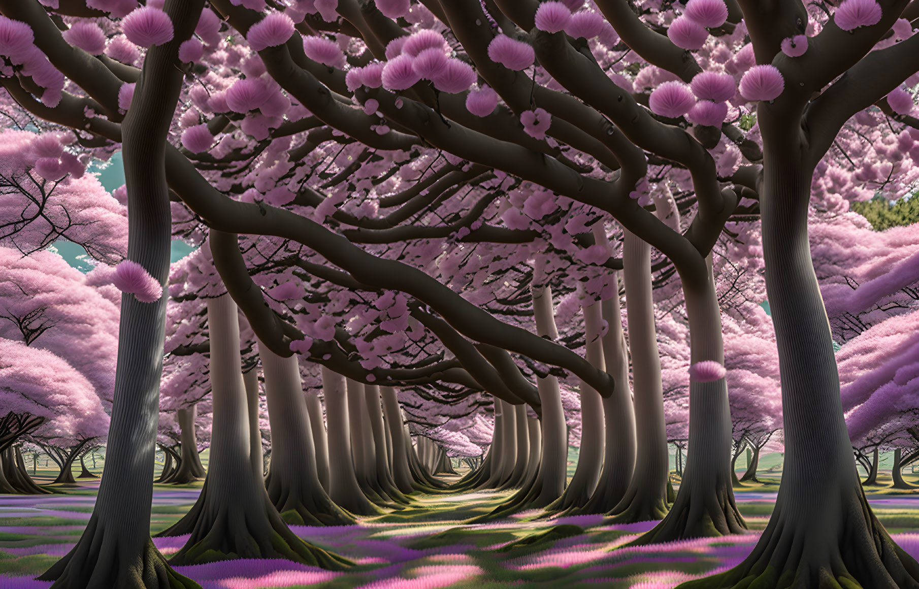 Tranquil Path with Pink Cherry Blossoms and Towering Trees