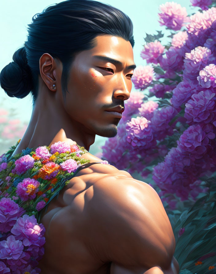 Man with Strong Jawline and Long Hair Tied Back in Pink Floral Setting