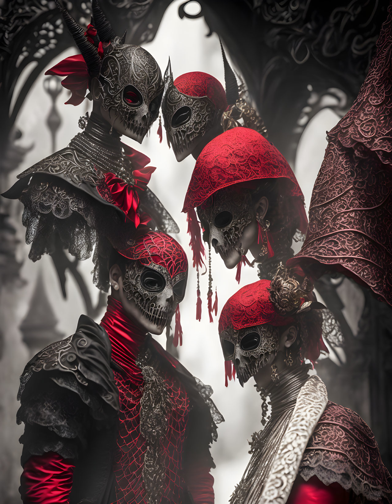 Four individuals in skull masks and horned costumes against gothic backdrop.