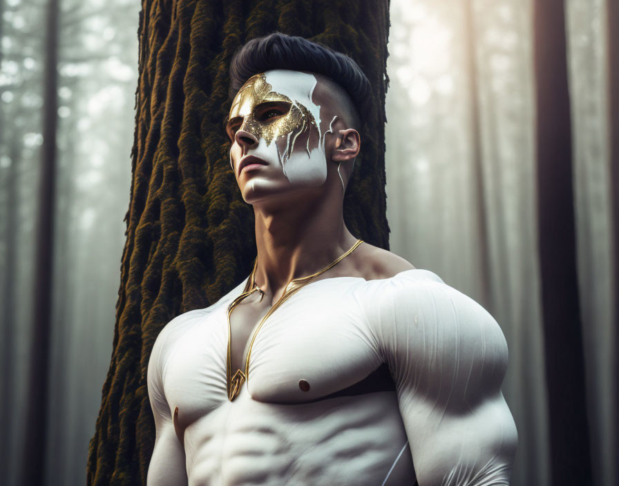 Muscular figure with gold and white face paint in misty forest