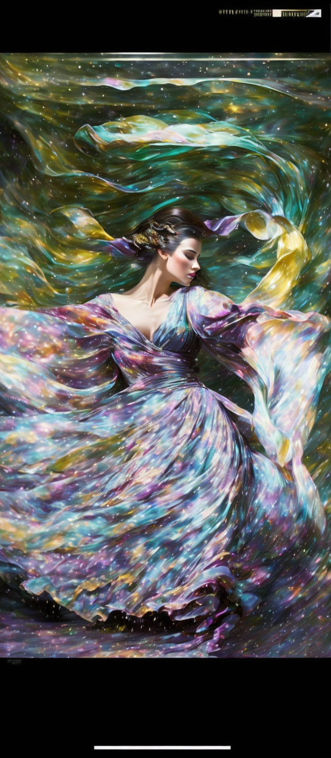 Colorful flowing dress blending with vibrant starry background