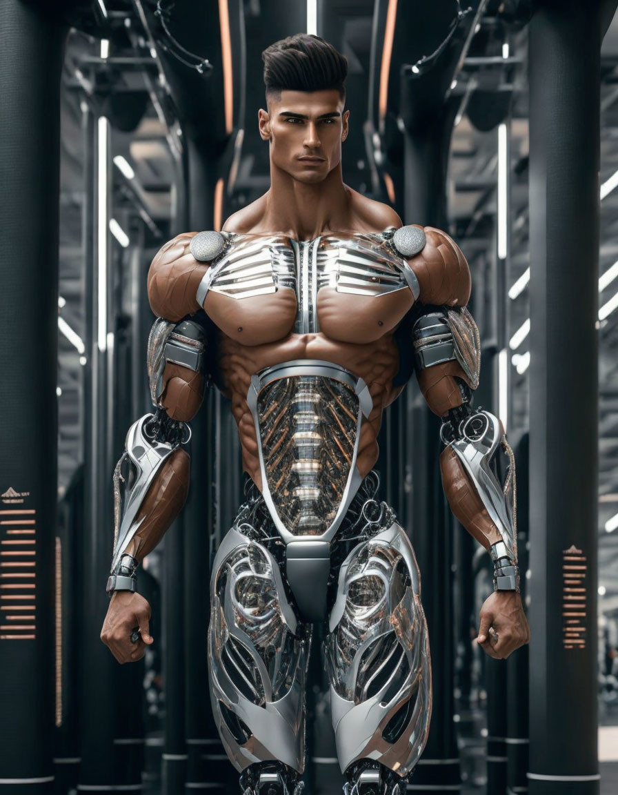 Hyper-realistic humanoid robot with muscular body and human-like face in futuristic facility