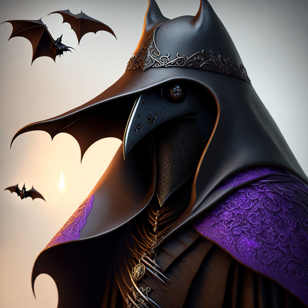 Stylized illustration of figure in plague doctor mask with bats and dark cloak