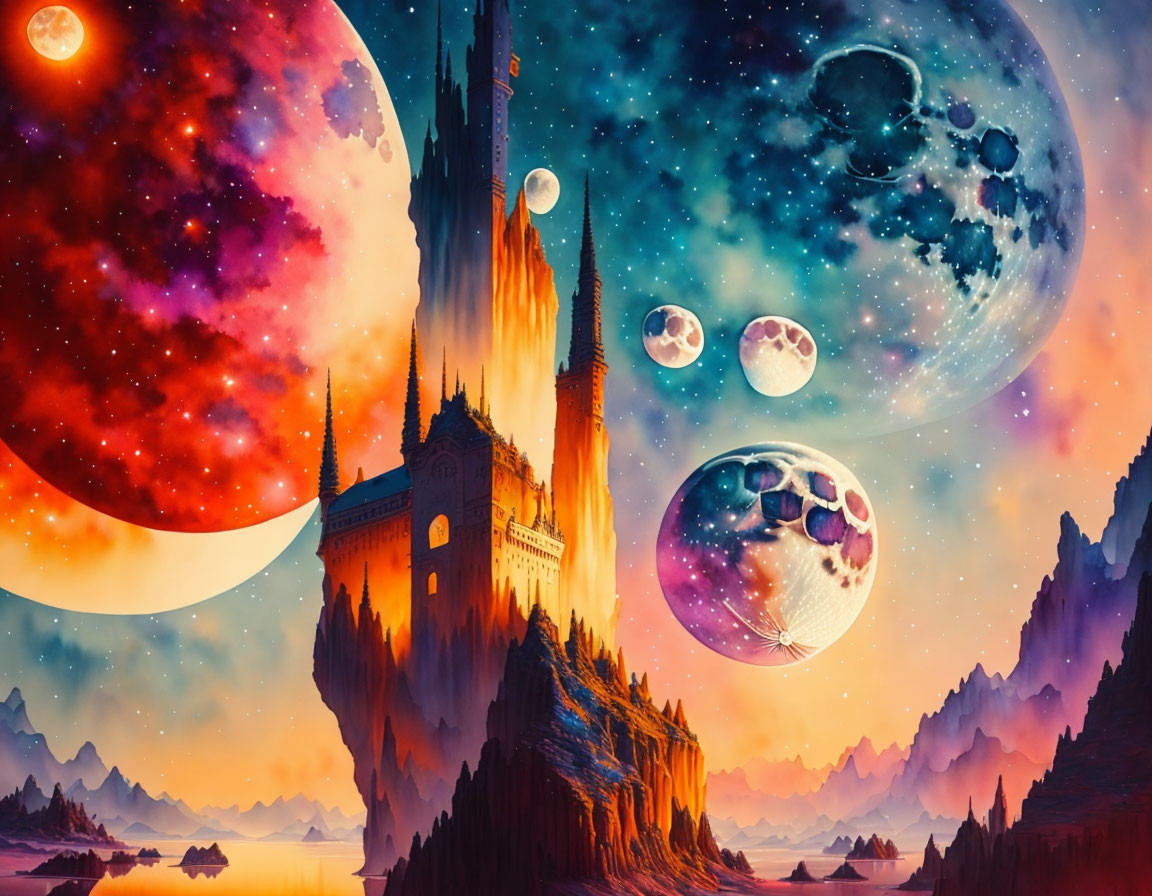 Colorful fantasy landscape with castle, nebulae, and celestial bodies