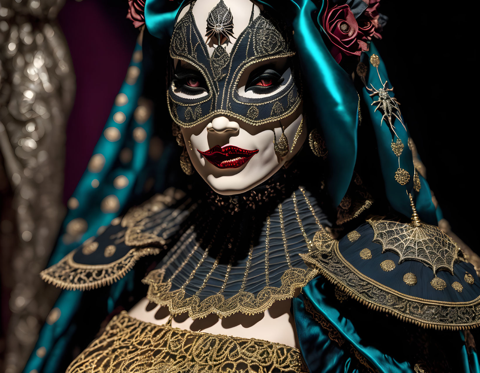 Elaborate Carnival Costume with Teal and Gold Garments