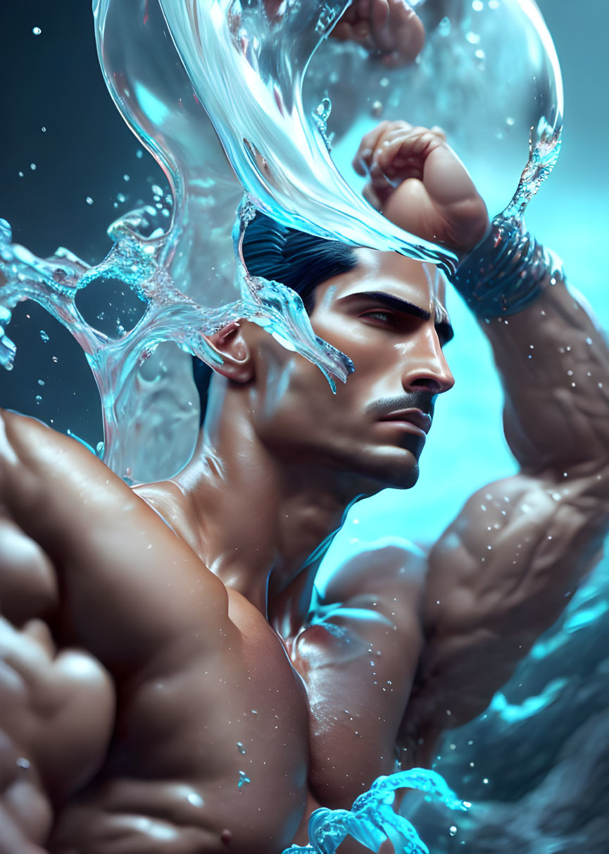 Muscular Man Surrounded by Water Splash and Blue Light