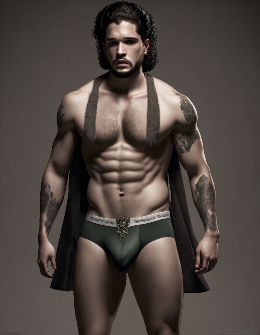 Muscular male model with long hair and tattoos in green briefs