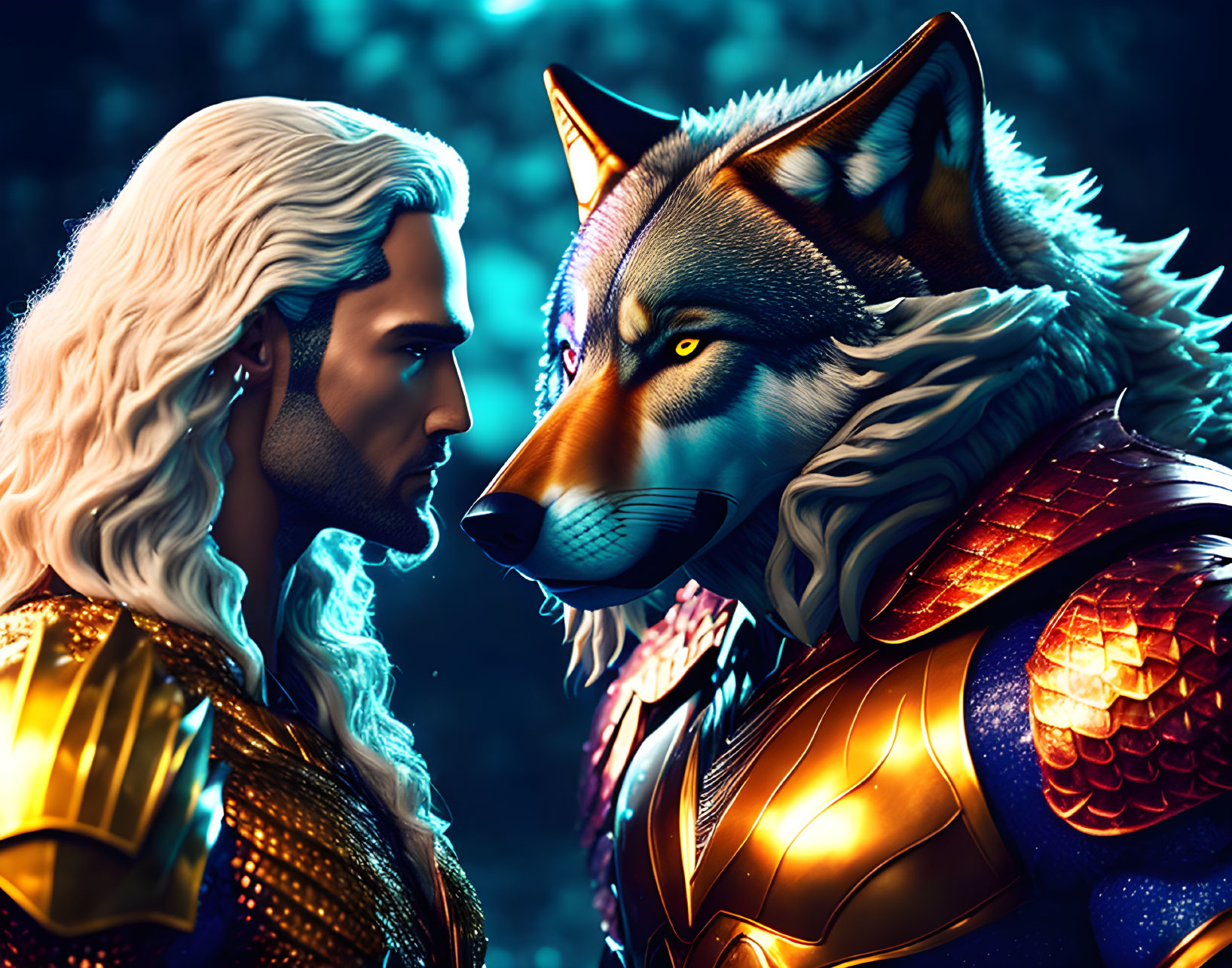 Man with long white hair facing wolf in ornate golden armor digital illustration