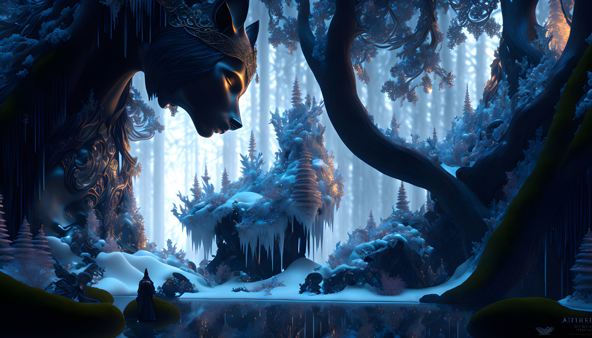 Blue forest with wolf head sculpture, icicles, and soft light rays