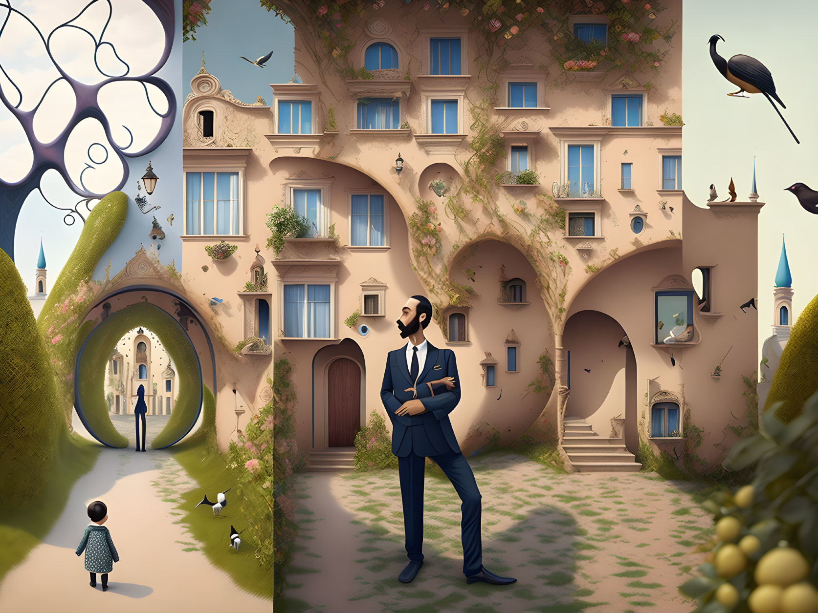 Surreal illustration of man with crow's head and whimsical building with child and animals