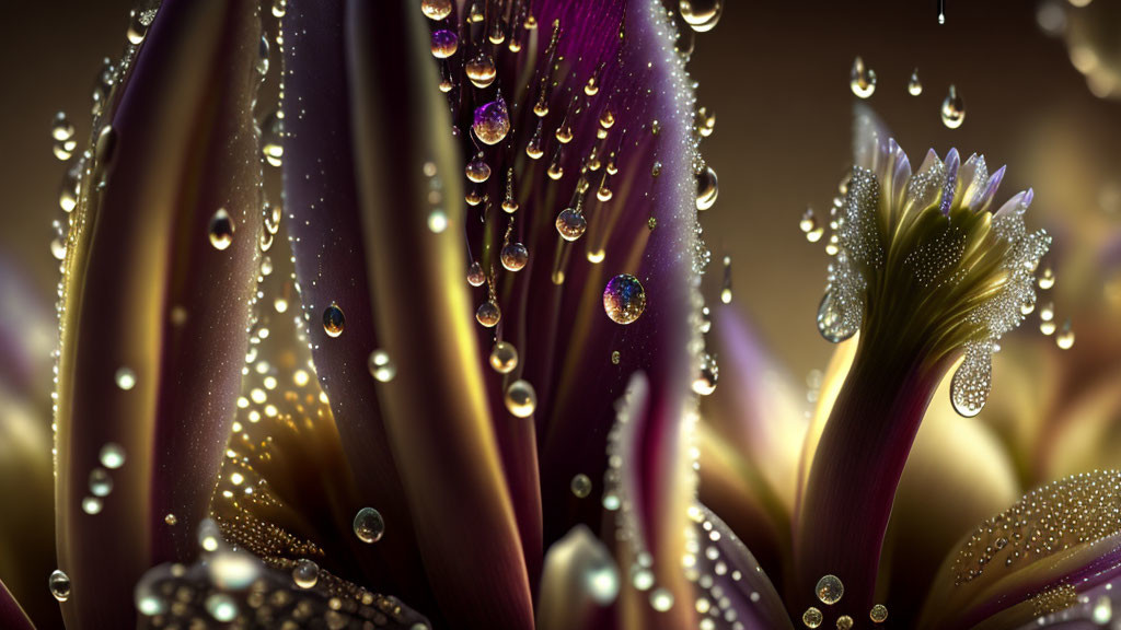 Macro photography of water droplets on purple flower petals with soft-focus background