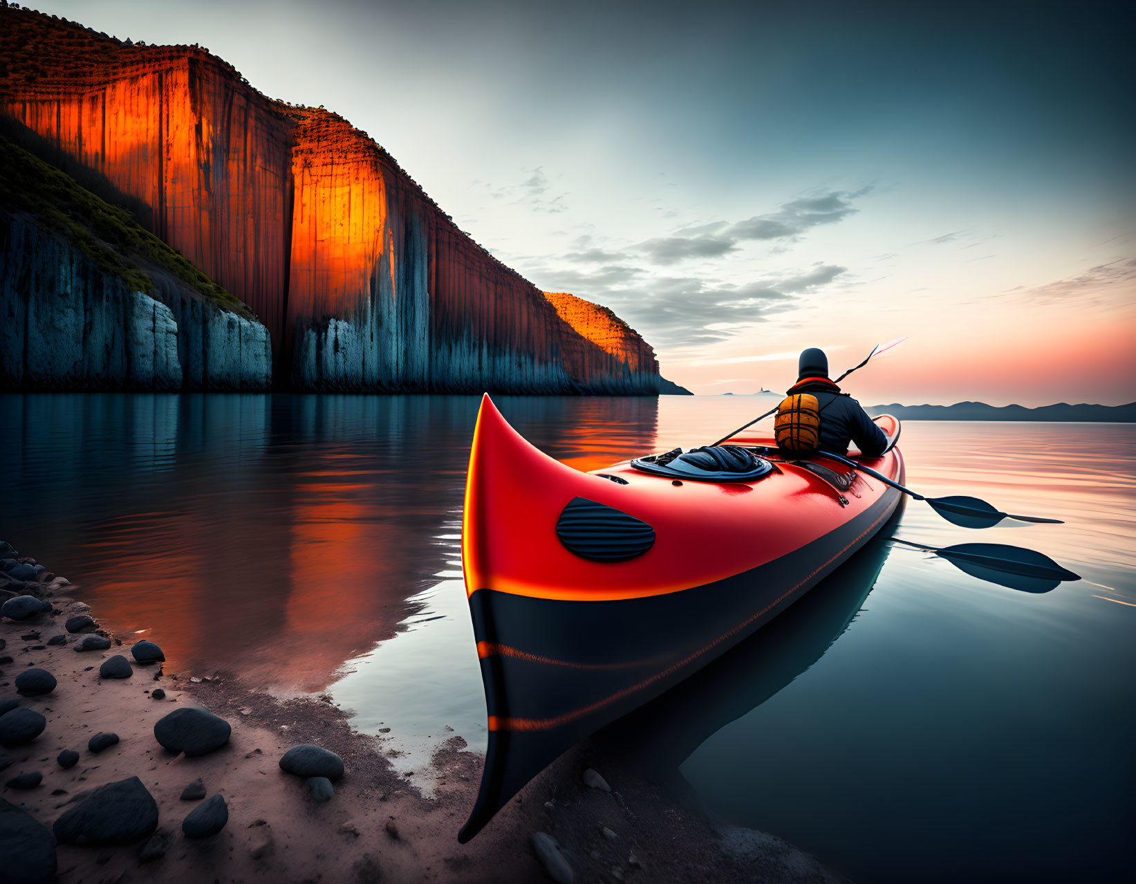 Red kayak on pebbly shore at dusk with person inside, facing towering cliffs