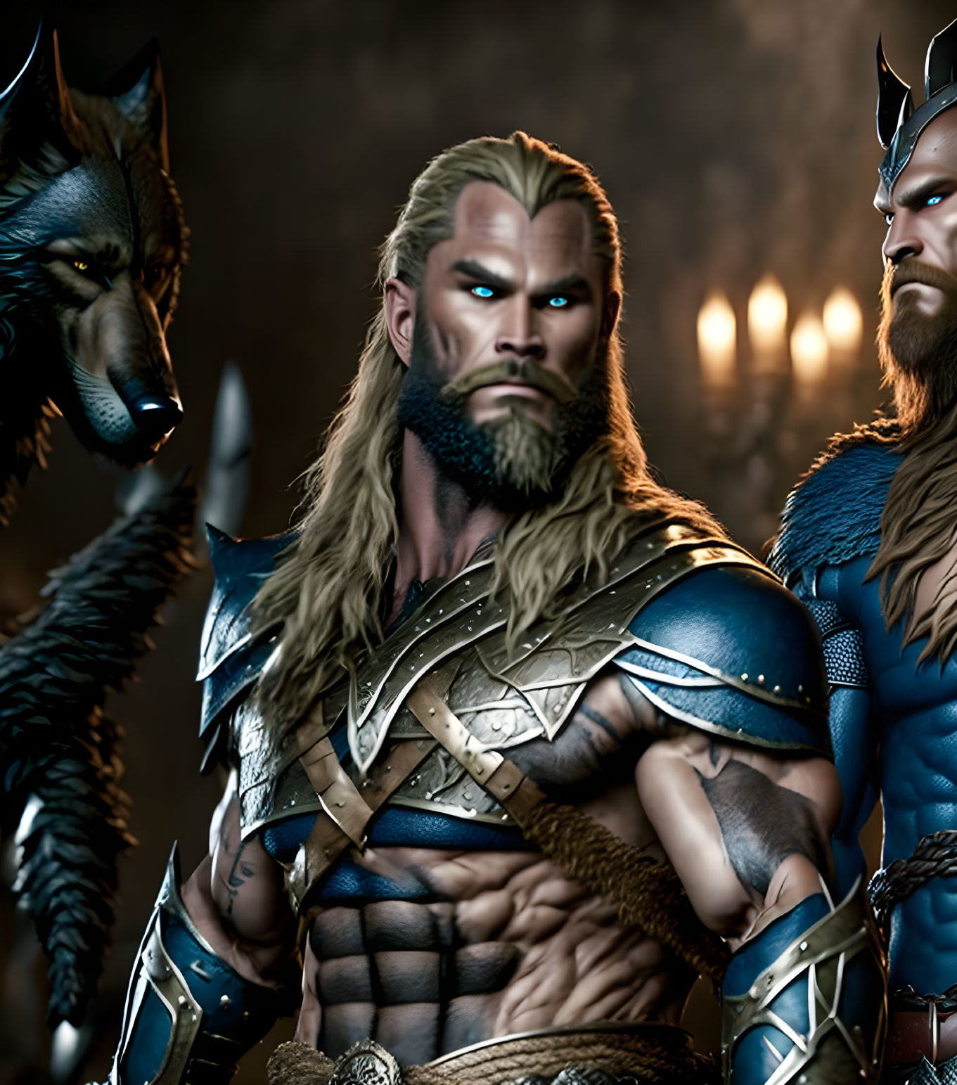 Digital artwork of two muscular warriors in ornate armor with a snarling wolf under candlelight