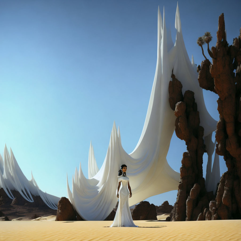 Person in white dress surrounded by white structures in desert landscape