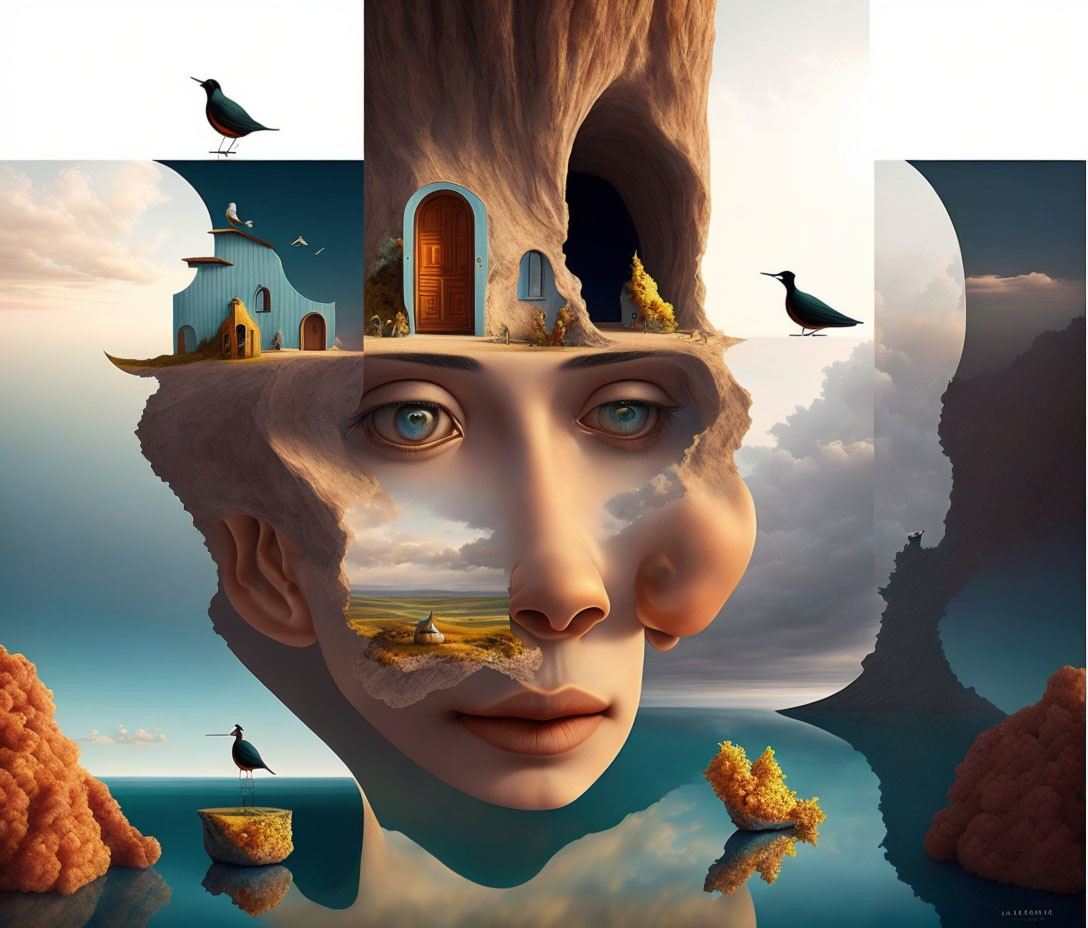 Surreal art: Woman's face merges with landscapes - cliffs, sea, clouds, birds -