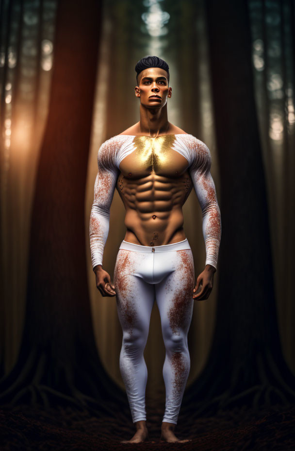 Muscular male figure with vitiligo in forest setting with dramatic lighting