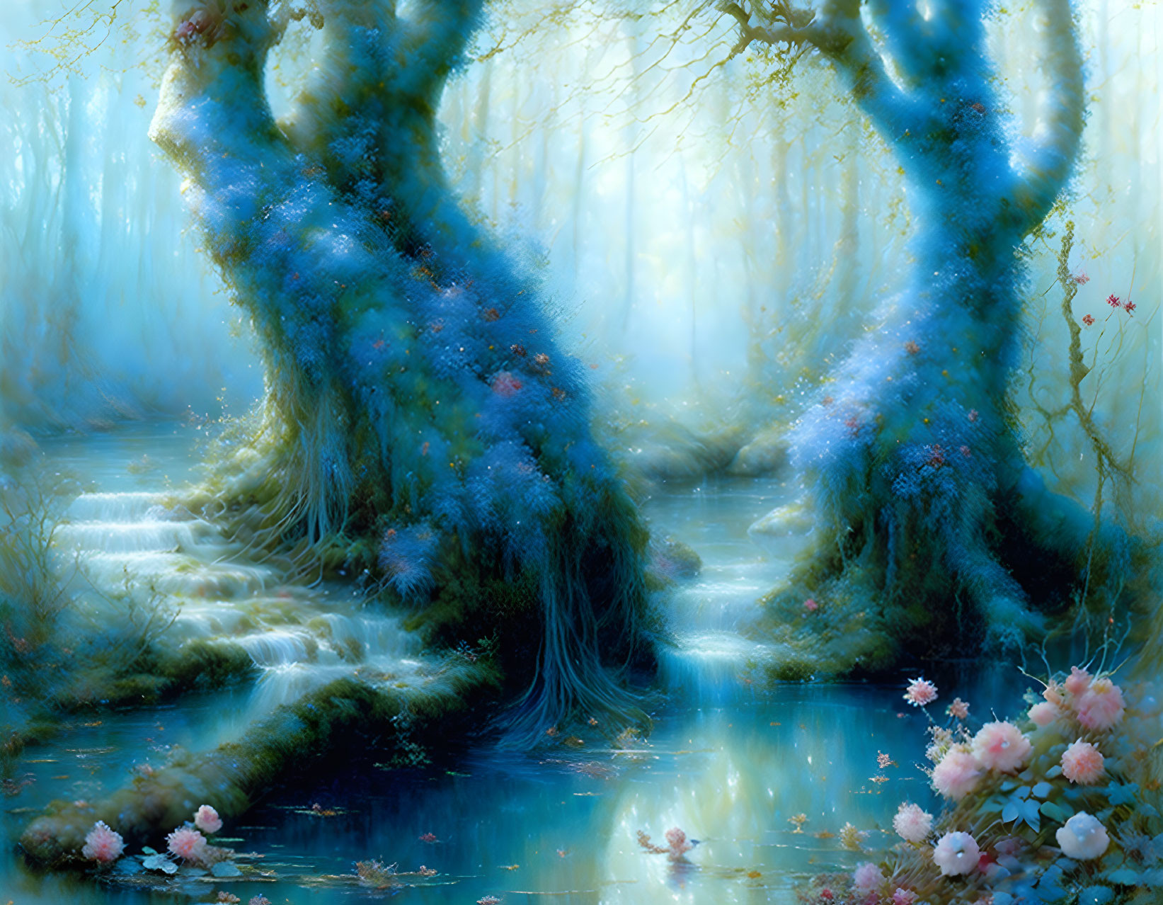 Mystical forest scene with blue trees, serene stream, blossoms, and fog