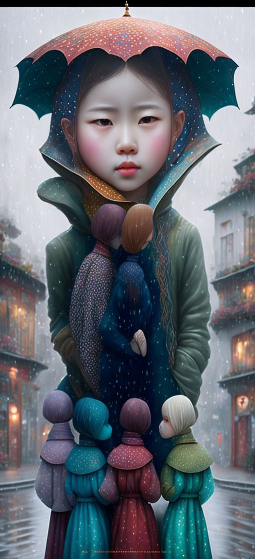 Colorful illustration of girl with oversized head in rainy Asian street