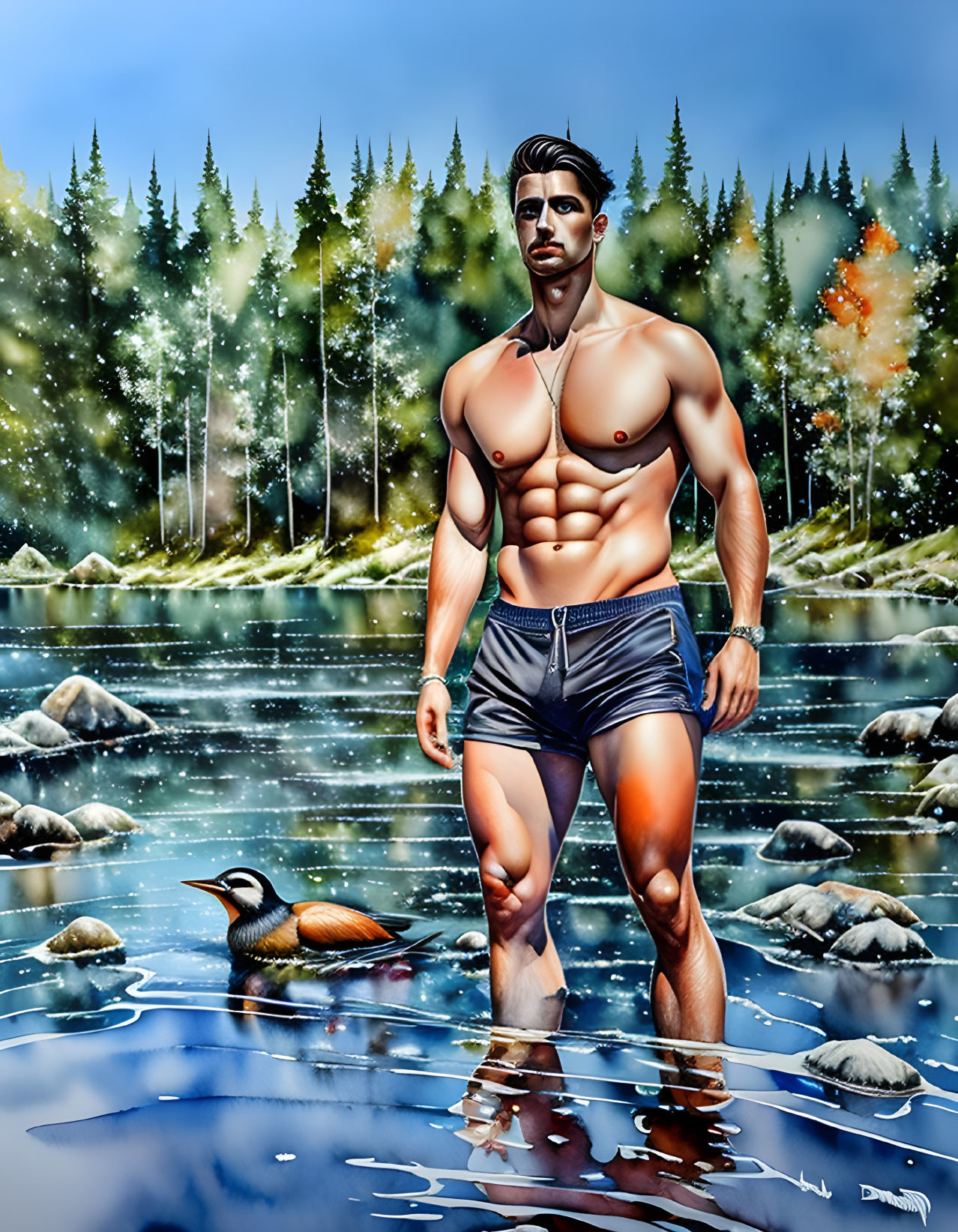 Muscular man standing in serene lake with duck, lush green forest, and clear blue sky.