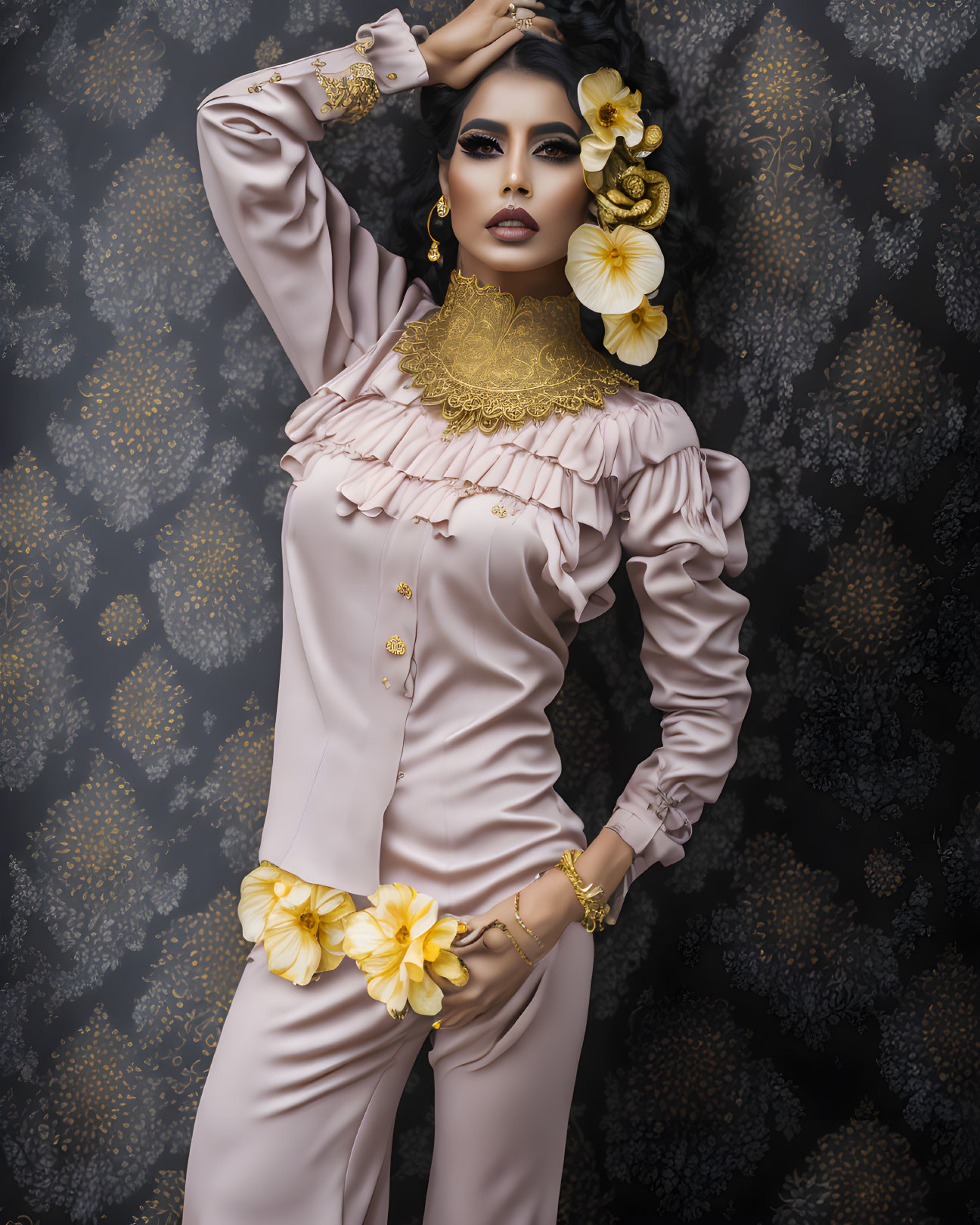 Elegant woman in pastel outfit with ruffles and golden details posing with hand on head and yellow