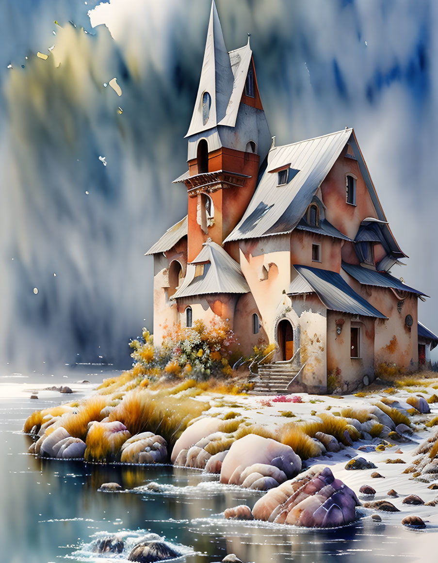 Tranquil church by serene lake with colorful flora