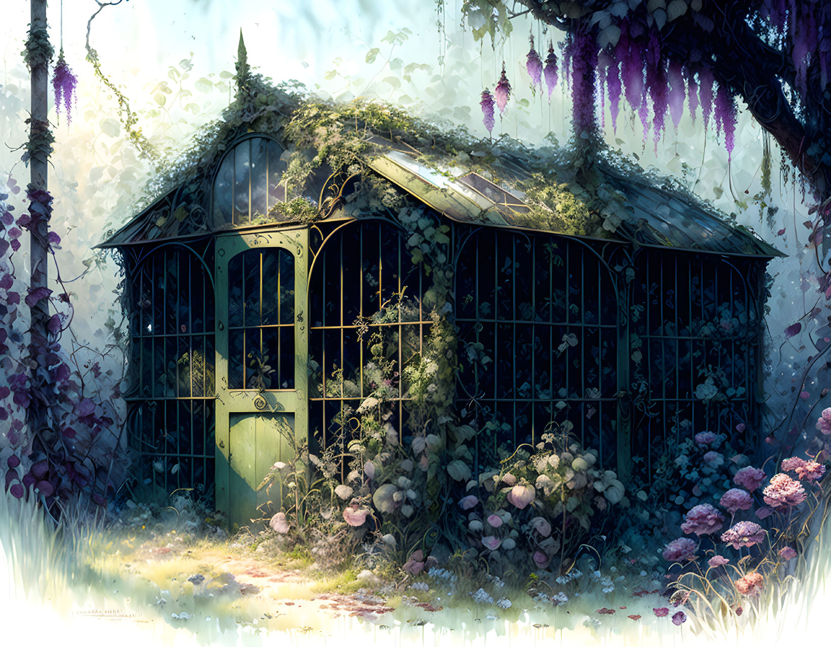 Overgrown greenhouse in magical forest with lush vegetation and purple flowers